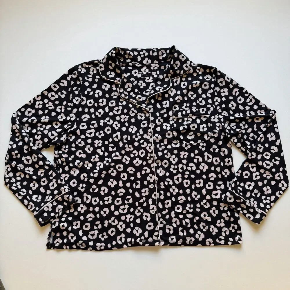 Kate Spade NY Pajama Set XL Black Pink Leopard Print 2 Pc Long Sleeve